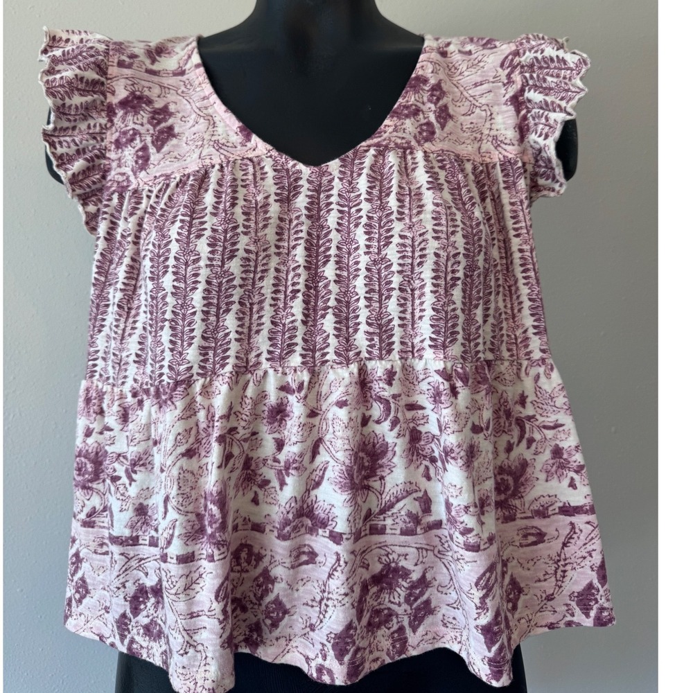 Lucky Brand Womens Floral Print Tiered Babydoll Top Maroon Flutter Sleeve S Boho